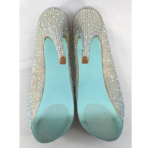 Blue by Betsey Johnson Champagne Sparkly Rhinestones Wish Heels Platforms Pumps - Picture 8 of 9